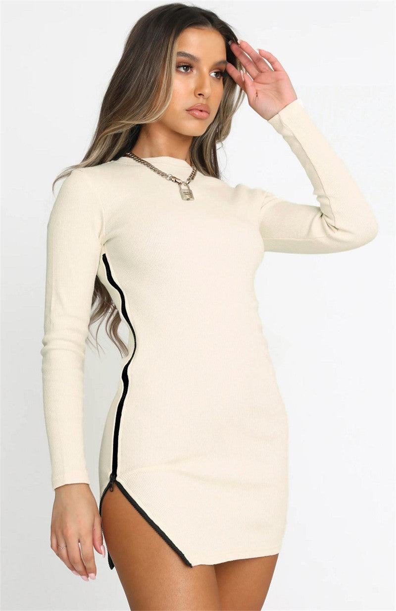 Women's Zipper Split Long Sleeve Slim Fit Dress