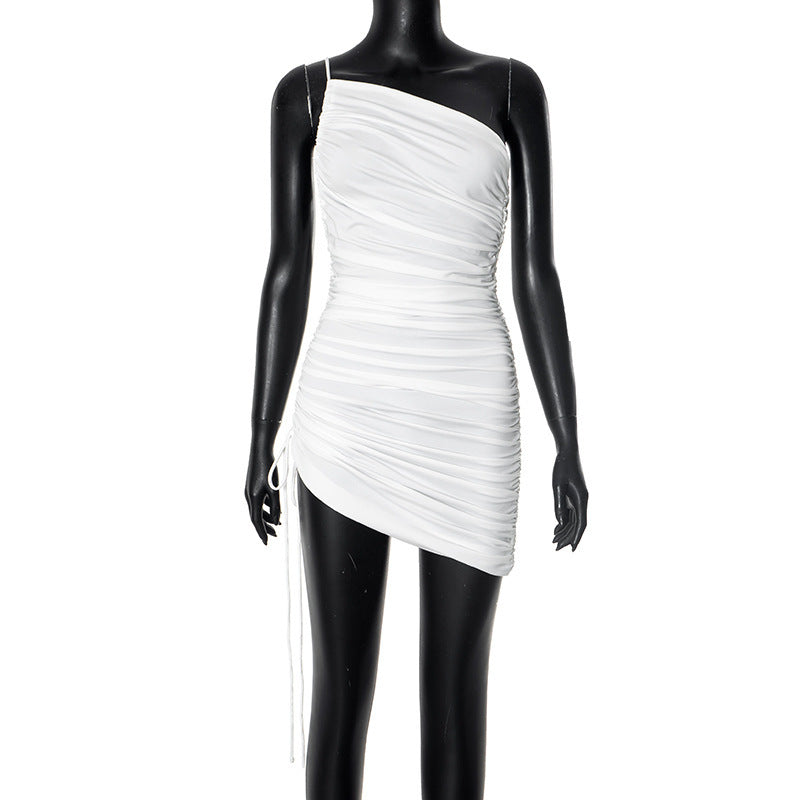 Women's Pleated Shoulder Sleeveless Drawstring Dress