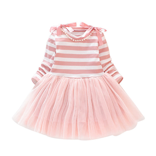 Striped Long-sleeved Stitching Mesh Dress