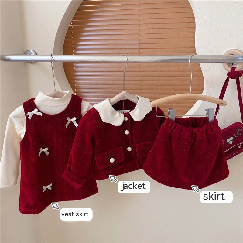 New Year Girl's Bright Silk Bow Fleece-lined Suspender Skirt Keep Baby Warm Coat Casual Fashion Red Skirt Fashion