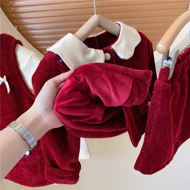 New Year Girl's Bright Silk Bow Fleece-lined Suspender Skirt Keep Baby Warm Coat Casual Fashion Red Skirt Fashion