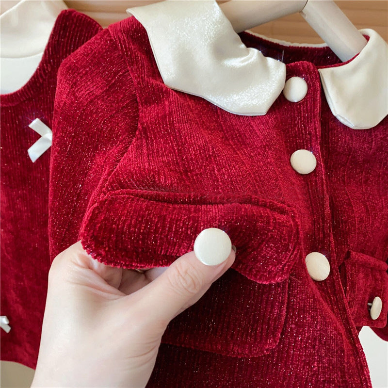 New Year Girl's Bright Silk Bow Fleece-lined Suspender Skirt Keep Baby Warm Coat Casual Fashion Red Skirt Fashion