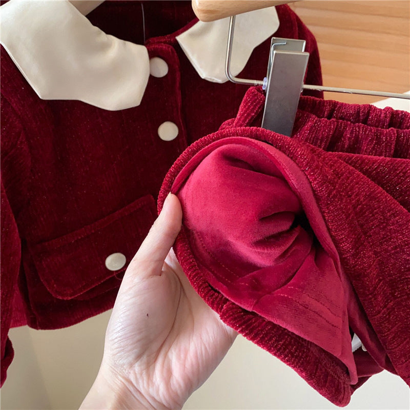 New Year Girl's Bright Silk Bow Fleece-lined Suspender Skirt Keep Baby Warm Coat Casual Fashion Red Skirt Fashion