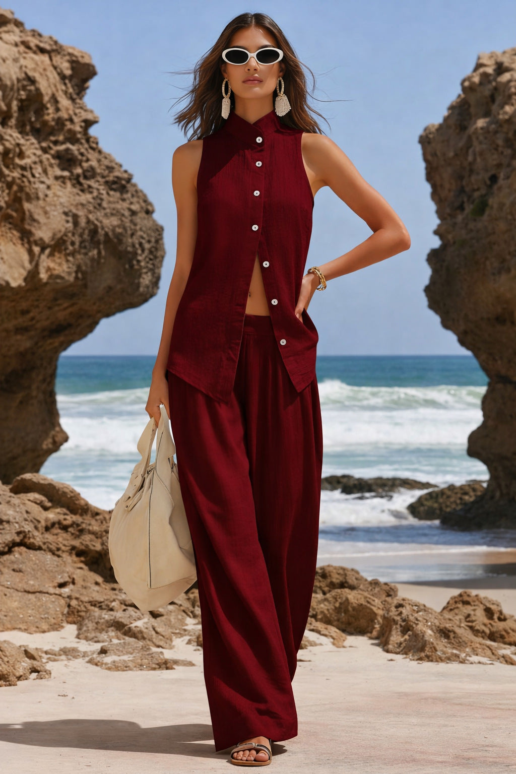 Front-button Cardigan Cotton Top And Pants Set