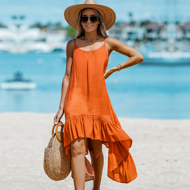 European And American Women's Fashion Solid Color Sling Casual Irregular Dress