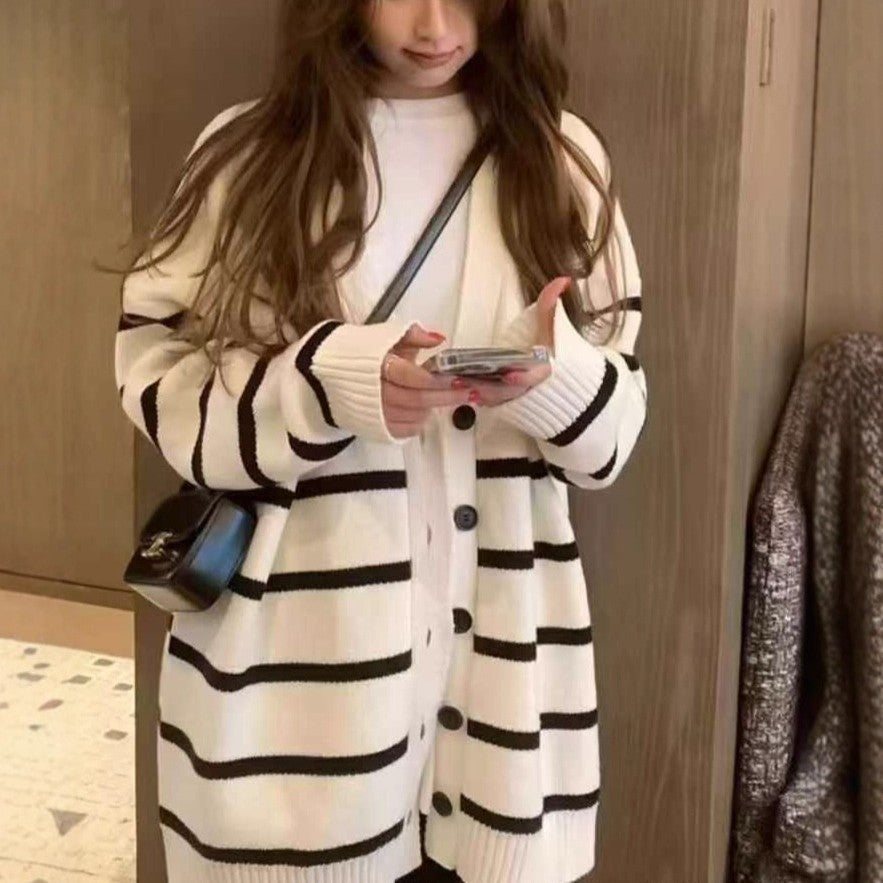 Striped Knitted Cardigan Women's Loose