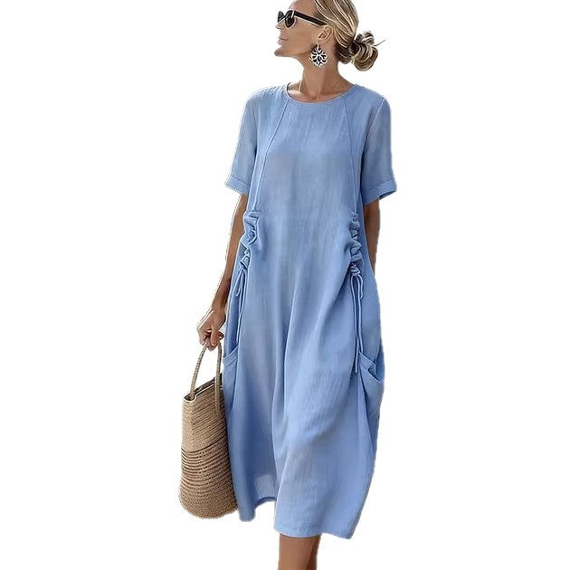 Womens Retro Waist-Cinched Drawstring Pocket Crew-Neck Short-Sleeve Dress