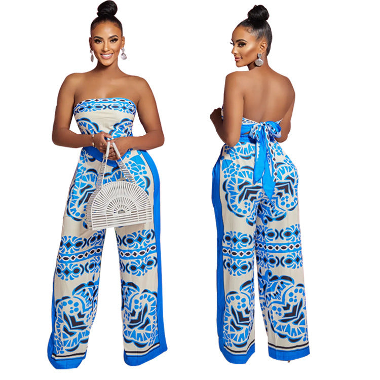 Printed Tube Top Apron Trousers Suit