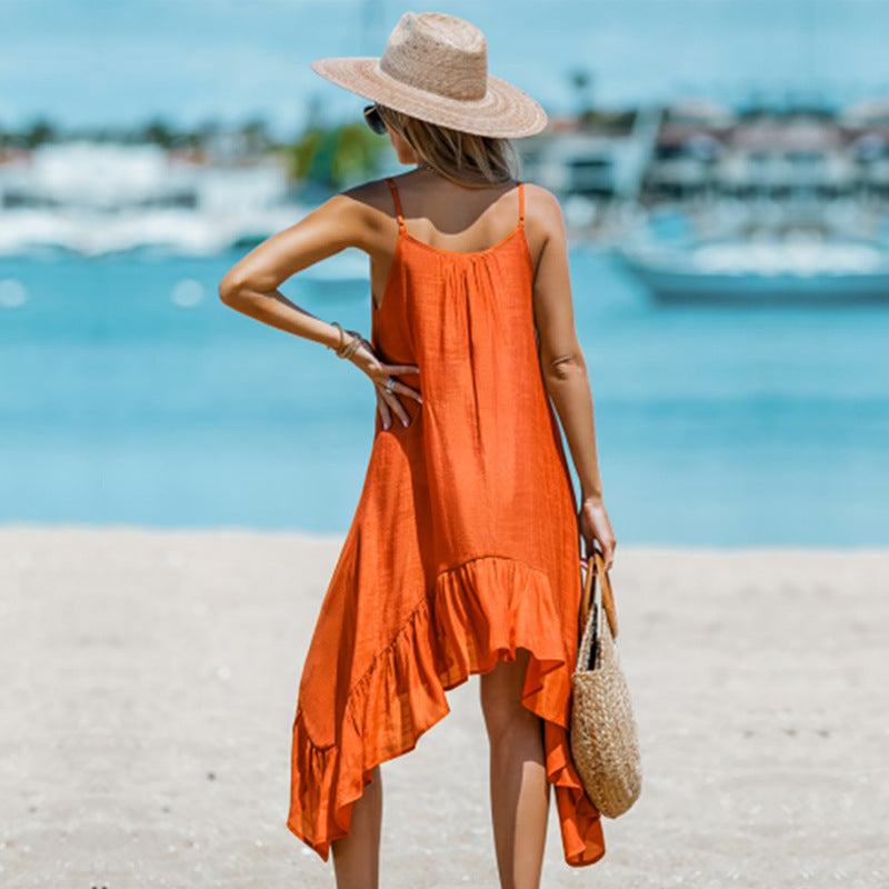 European And American Women's Fashion Solid Color Sling Casual Irregular Dress