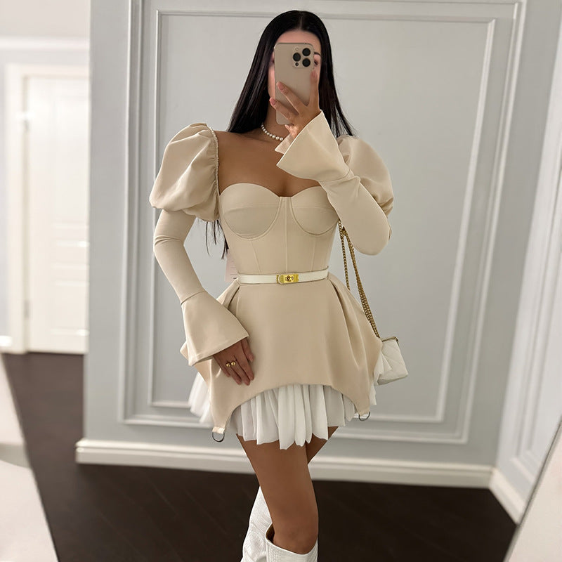 Wrapped Chest Stitching Irregular Puff Sleeve Dress Skirt