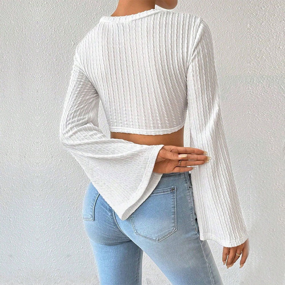 Women's Literary And Elegant Style T-shirt, Autumn And Winter Fringe Design Sense Bell Sleeve Short Top