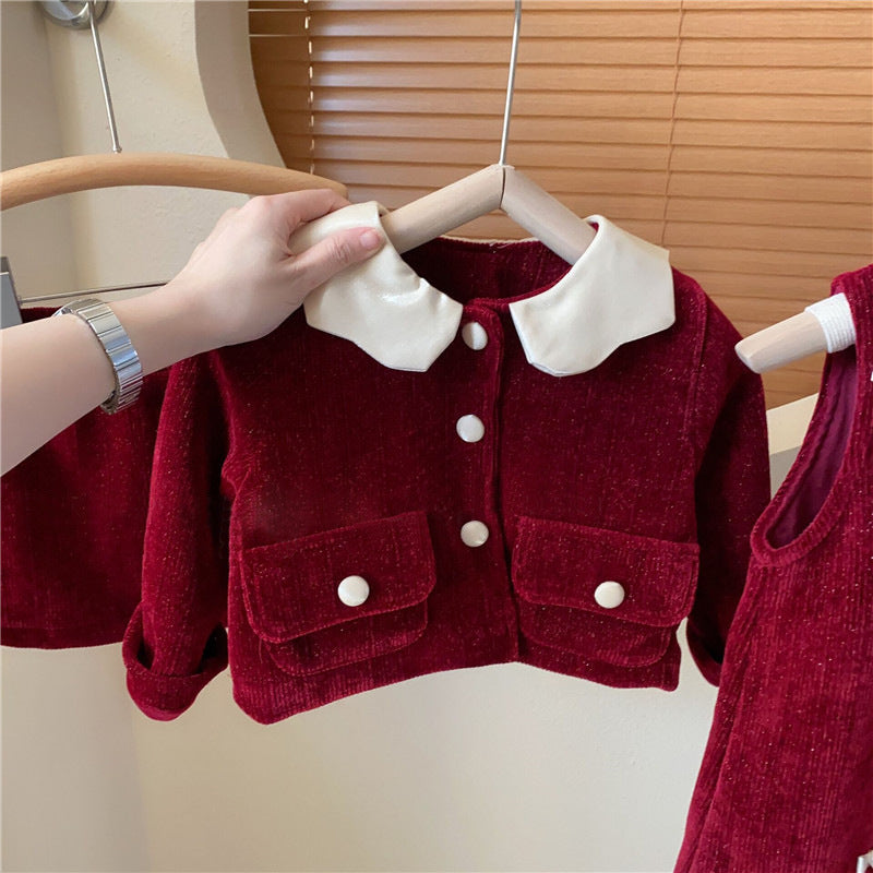New Year Girl's Bright Silk Bow Fleece-lined Suspender Skirt Keep Baby Warm Coat Casual Fashion Red Skirt Fashion
