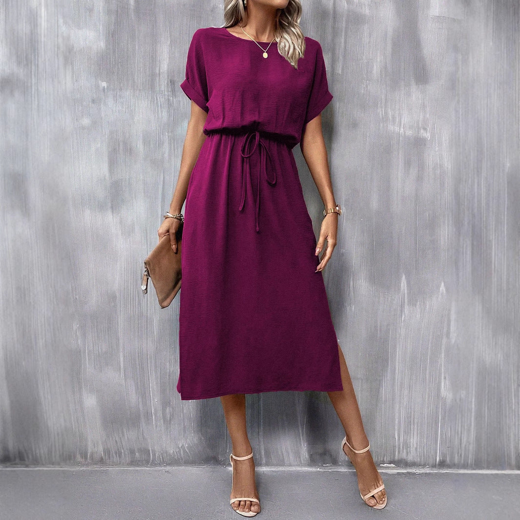 Women's Solid Color Reverse Sleeve Flat Short Sleeve Crew Neck Split Dress