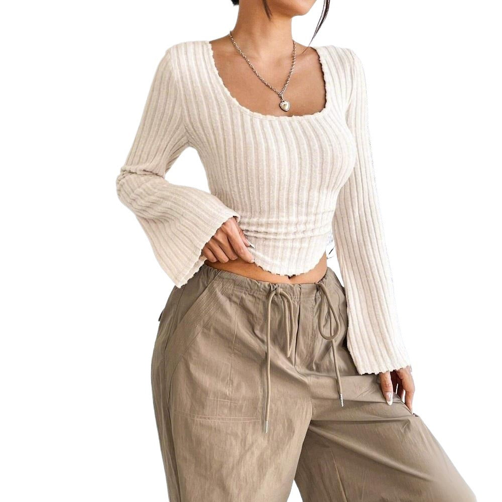Autumn And Winter New Women's Fashion Elegant Style T-shirt Square Neck Bell Long Sleeve Top
