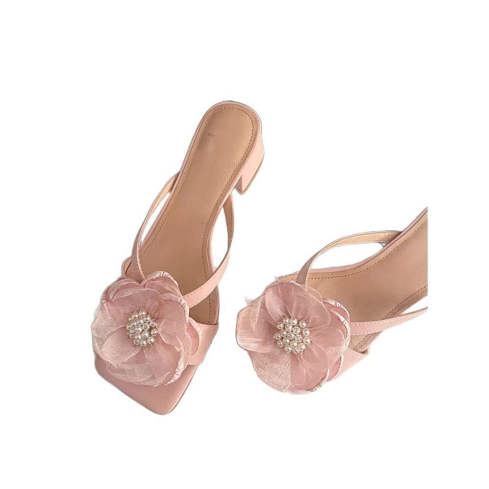 Fashion Flower Chunky Heel Square Toe One-line Women's Sandals