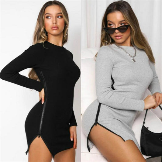 Women's Zipper Split Long Sleeve Slim Fit Dress
