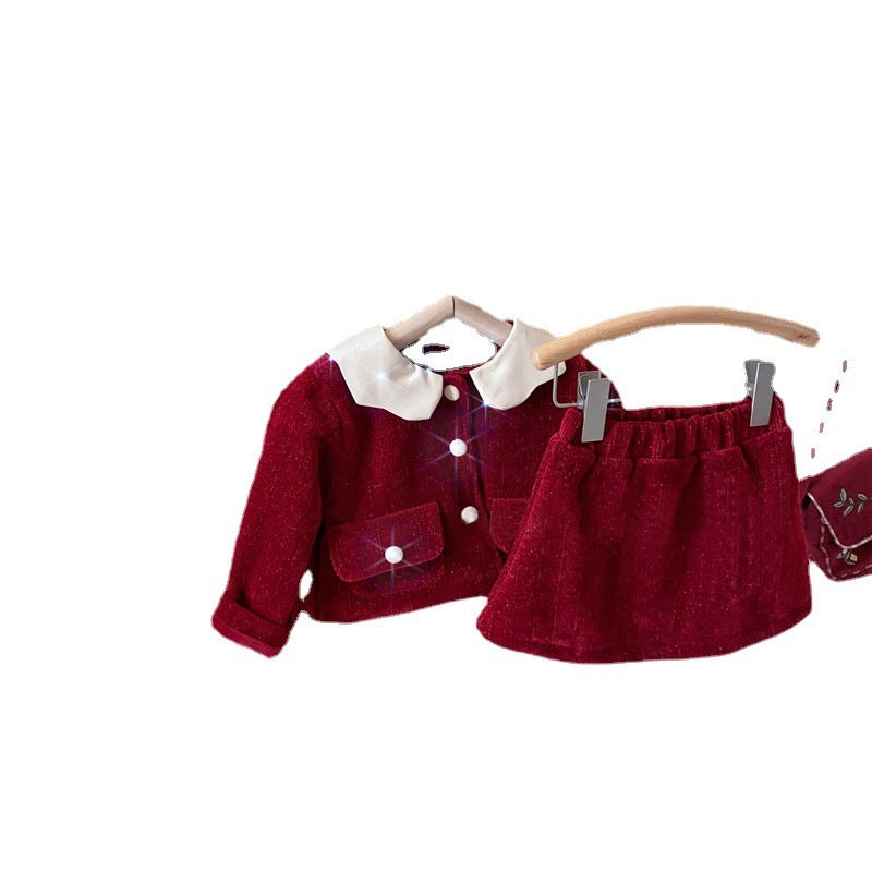New Year Girl's Bright Silk Bow Fleece-lined Suspender Skirt Keep Baby Warm Coat Casual Fashion Red Skirt Fashion