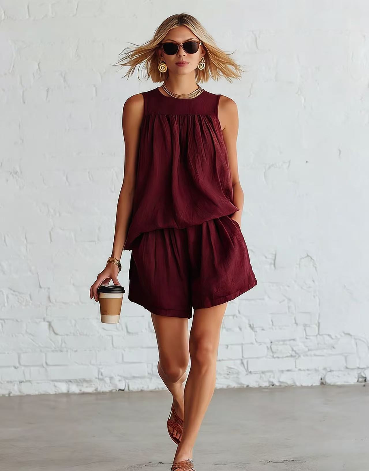 Womens Fashionable Retro Cotton-Linen Sleeveless Top And Wide-Leg Shorts Set