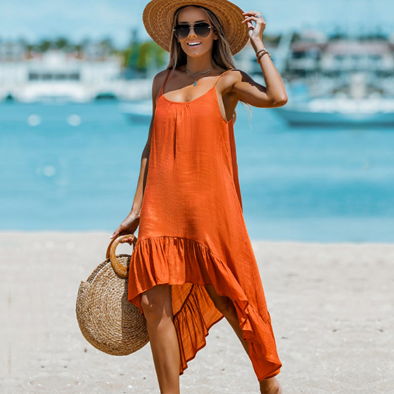 European And American Women's Fashion Solid Color Sling Casual Irregular Dress