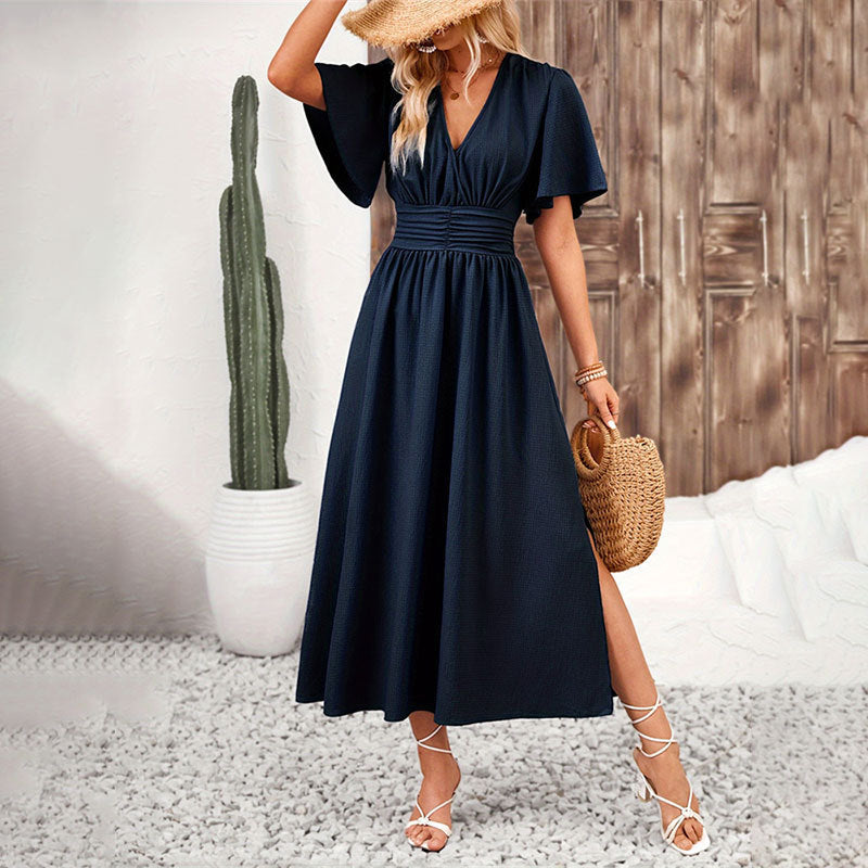 Women's Ruffle Sleeve Split Elastic Waist Polyester Dress
