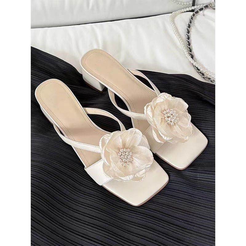 Fashion Flower Chunky Heel Square Toe One-line Women's Sandals