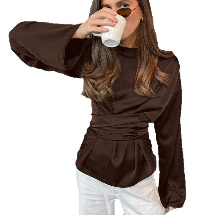 American Vintage Waist-cinching Irregular Slim-fit Long-sleeve Top For Women