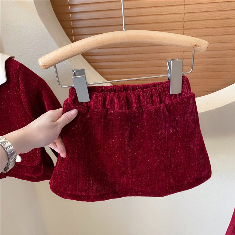 New Year Girl's Bright Silk Bow Fleece-lined Suspender Skirt Keep Baby Warm Coat Casual Fashion Red Skirt Fashion