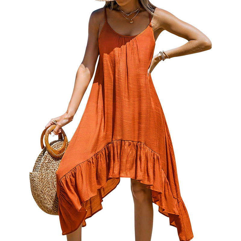 European And American Women's Fashion Solid Color Sling Casual Irregular Dress