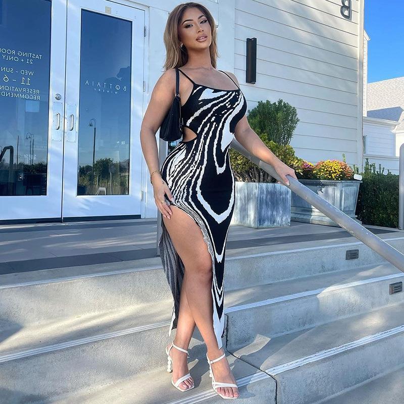 Printed Sexy Backless Hollow Out Split Sling Dress