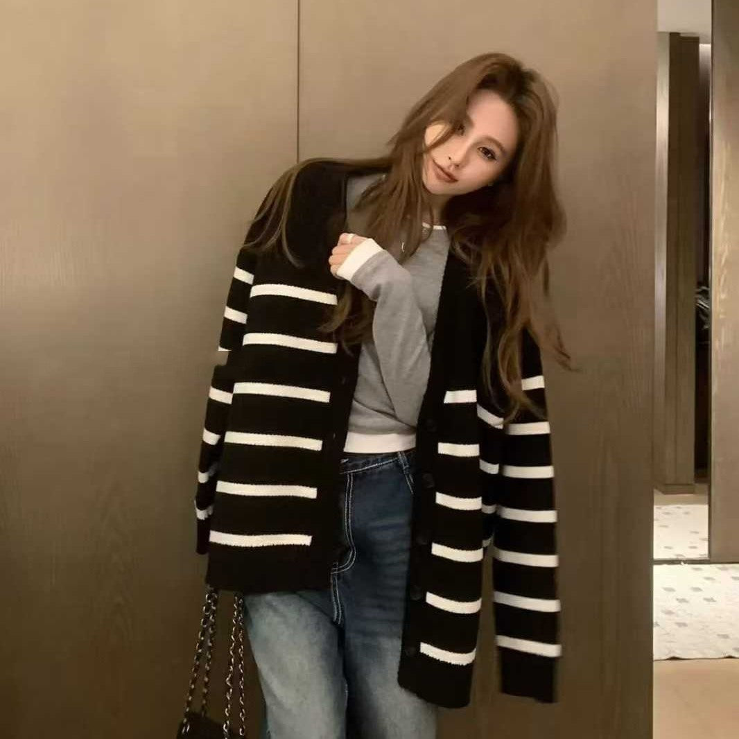 Striped Knitted Cardigan Women's Loose