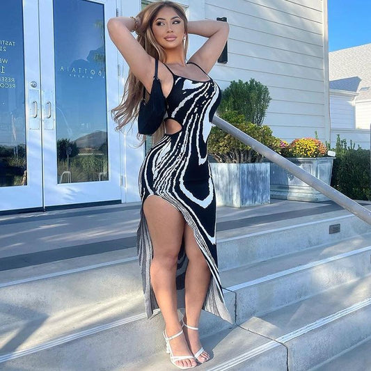 Printed Sexy Backless Hollow Out Split Sling Dress
