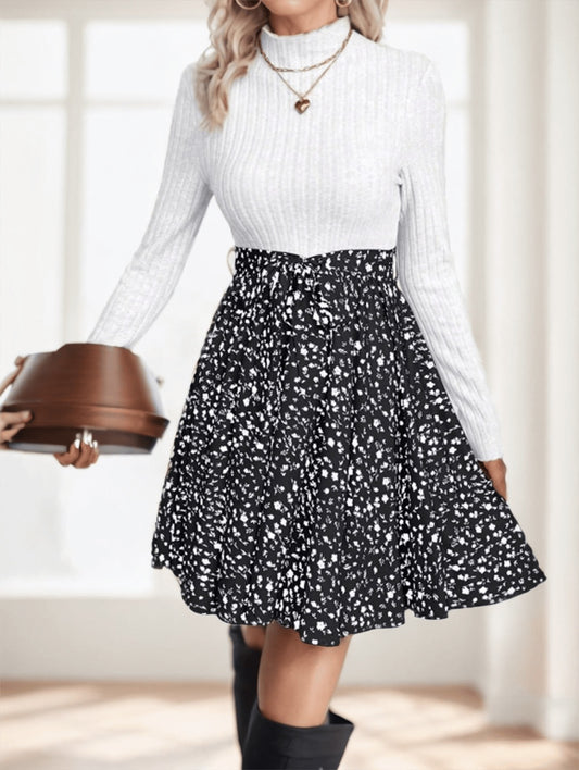 Frenchy Ditsy Floral Print Mock Neck Belted Bottom Top Two Tone A Line Floral Print Dress
