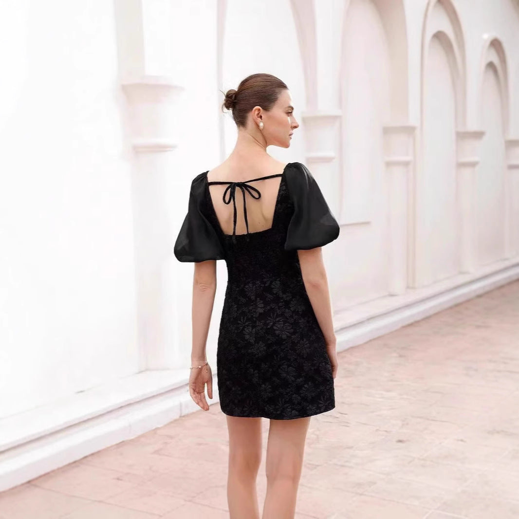 Retro Waist-Cinching Lace-Up Patchwork Pleated-Sleeve Dress