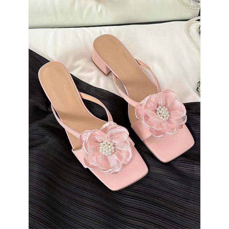 Fashion Flower Chunky Heel Square Toe One-line Women's Sandals