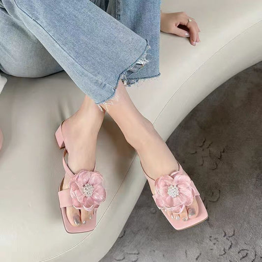 Fashion Flower Chunky Heel Square Toe One-line Women's Sandals