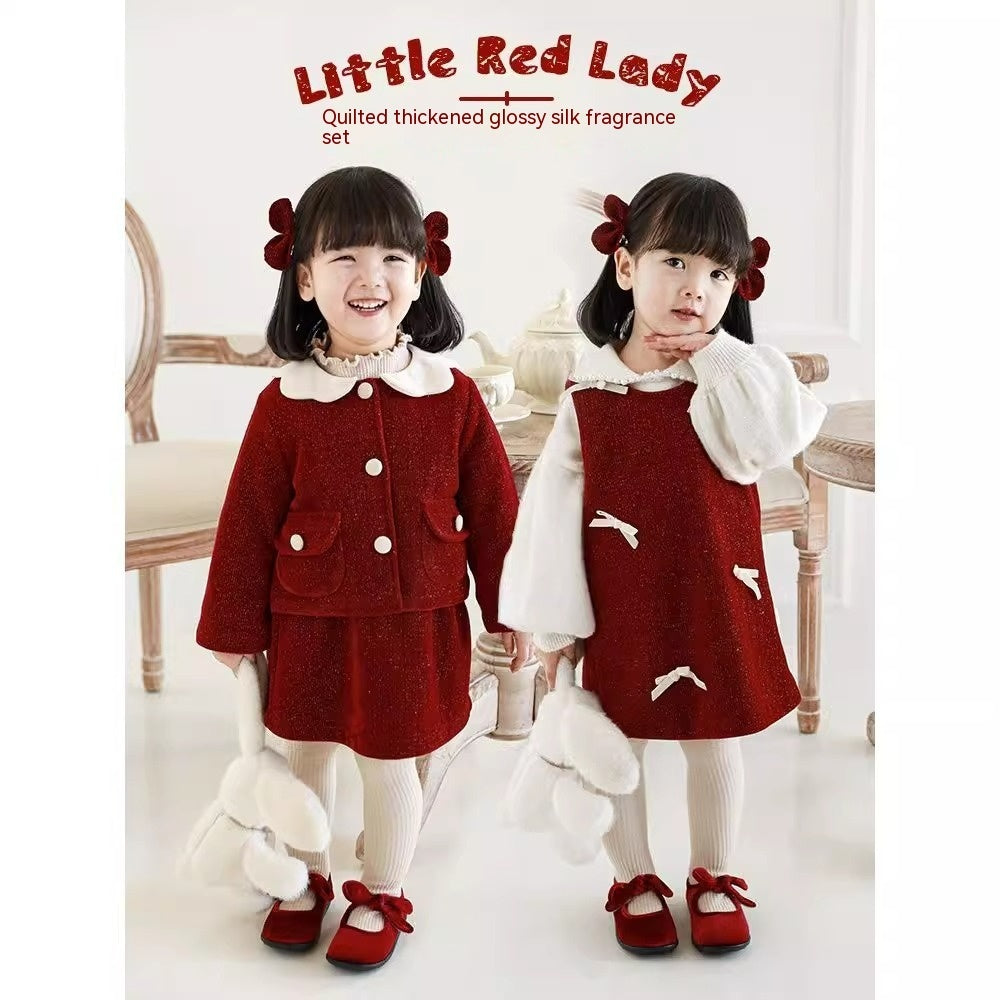 New Year Girl's Bright Silk Bow Fleece-lined Suspender Skirt Keep Baby Warm Coat Casual Fashion Red Skirt Fashion