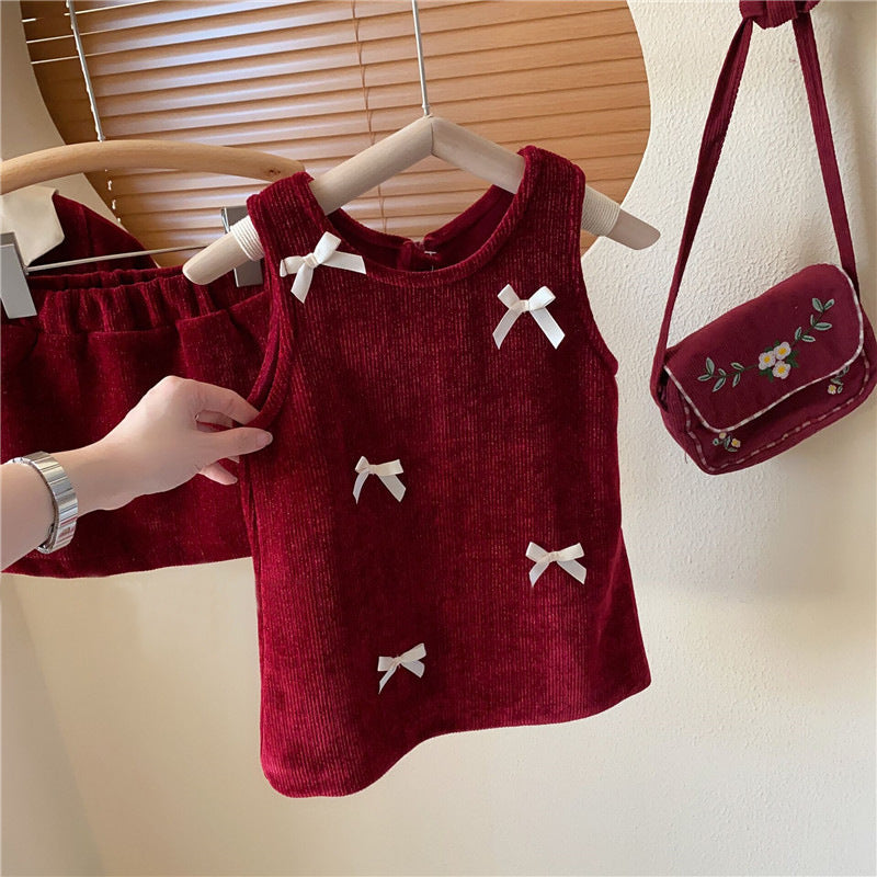 New Year Girl's Bright Silk Bow Fleece-lined Suspender Skirt Keep Baby Warm Coat Casual Fashion Red Skirt Fashion