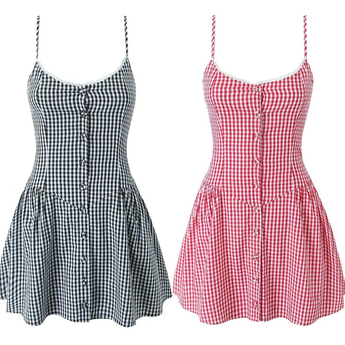 European And American Fashion Two-tone Plaid Button Decoration Sling Dress