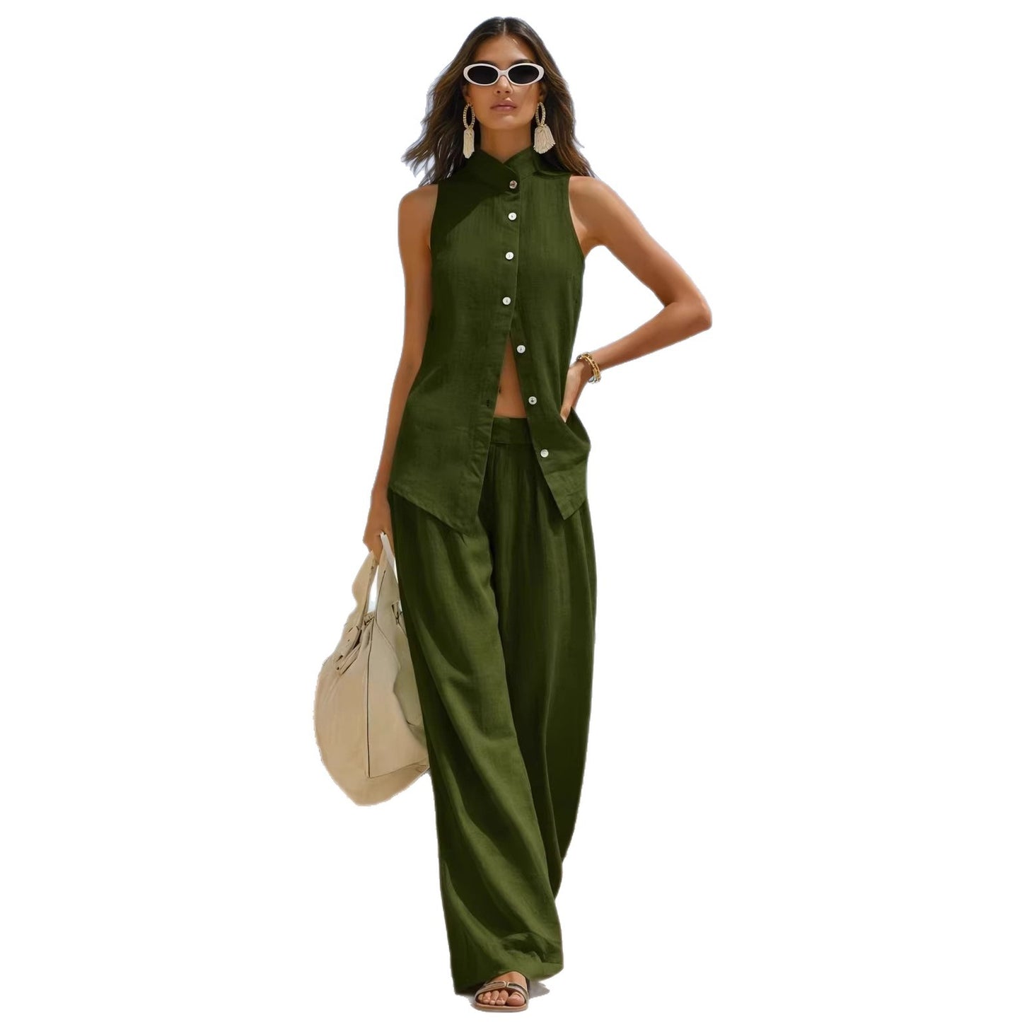 Front-button Cardigan Cotton Top And Pants Set