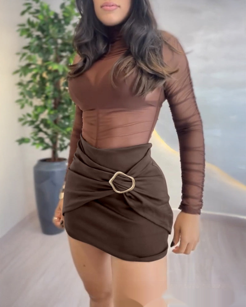 European And American-style Solid-color Jewelry-clasp Patchwork Pleated Culottes Shorts