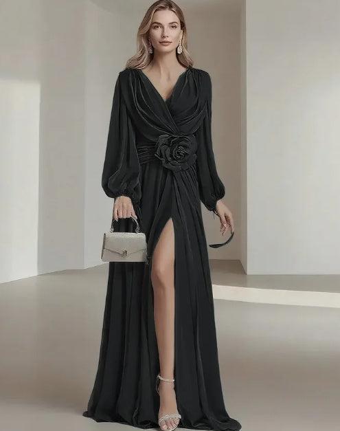 Flower Pleated Chiffon Wedding Dress Long Buff Sleeve Flowy V-neck Maxi Dress