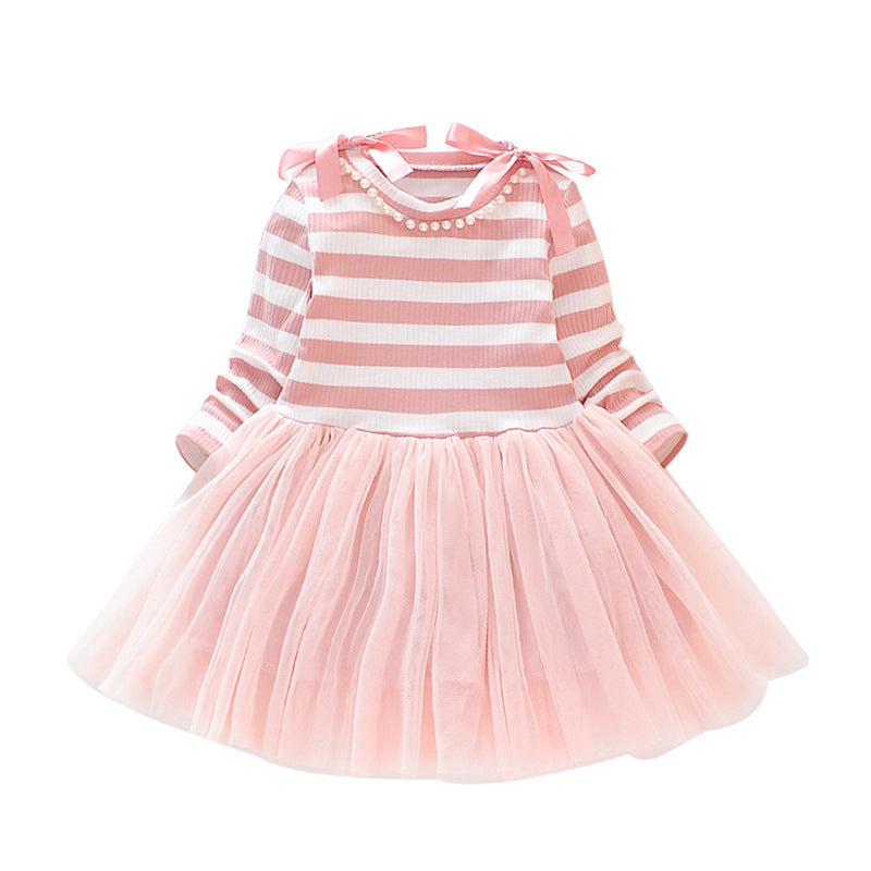 Striped Long-sleeved Stitching Mesh Dress