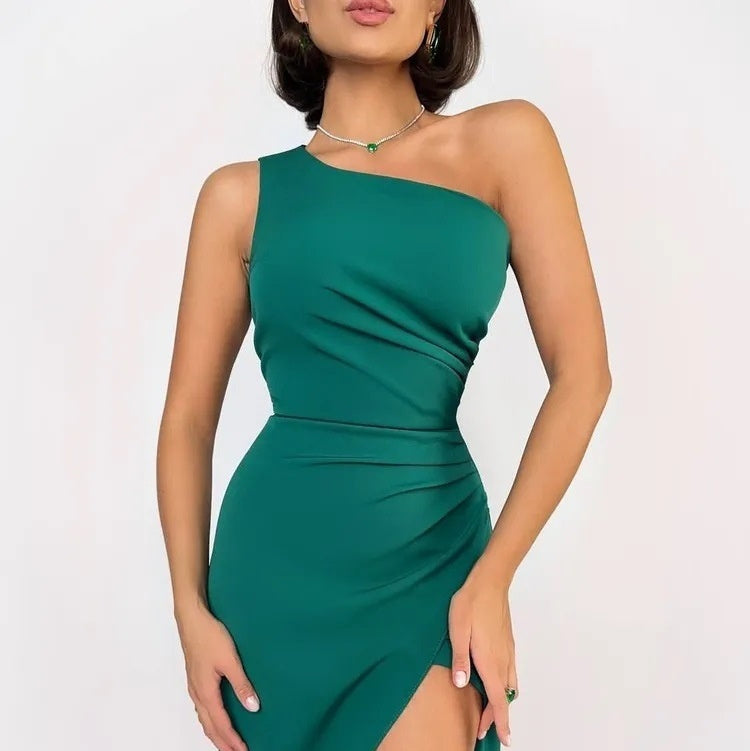Elegant Sexy Slim-fit Shoulder Slit Satin Dress For Women