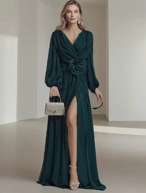 Flower Pleated Chiffon Wedding Dress Long Buff Sleeve Flowy V-neck Maxi Dress