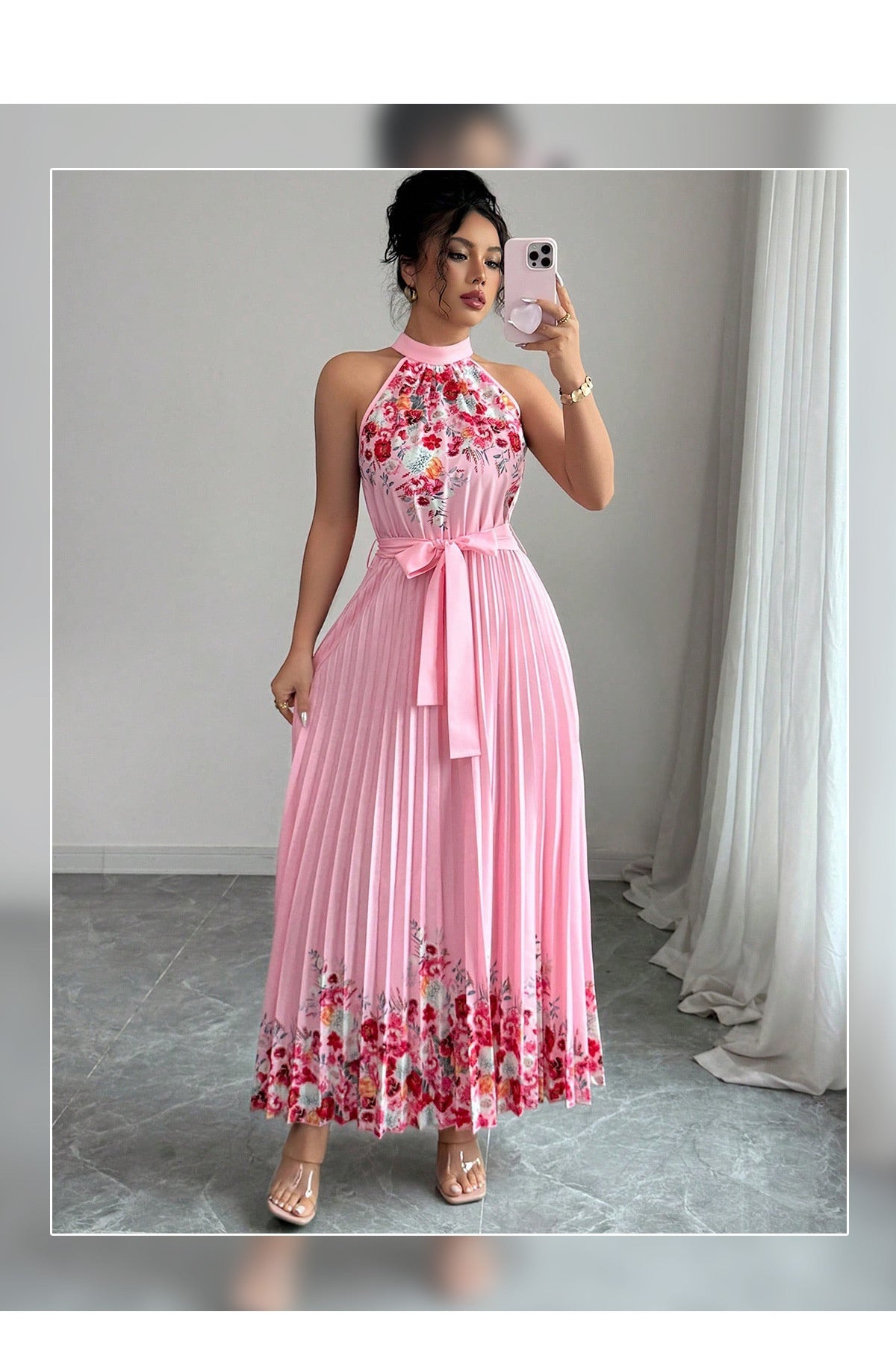 Women's Fashionable Printed Pleated Long Dress