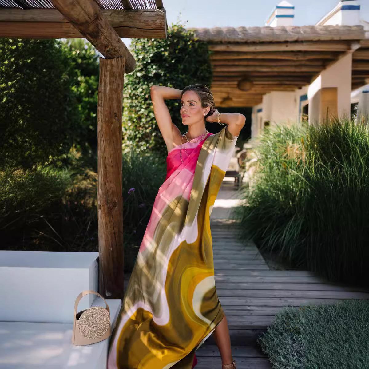 Sloping Shoulder Backless Printed Loose Dress