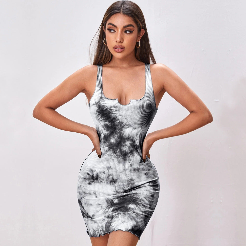 Sexy Slim-fit Tie-dye Print Bodycon Halter Dress