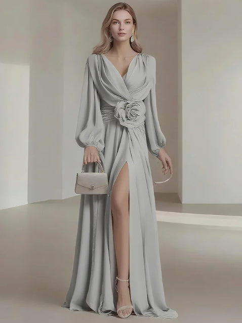 Flower Pleated Chiffon Wedding Dress Long Buff Sleeve Flowy V-neck Maxi Dress