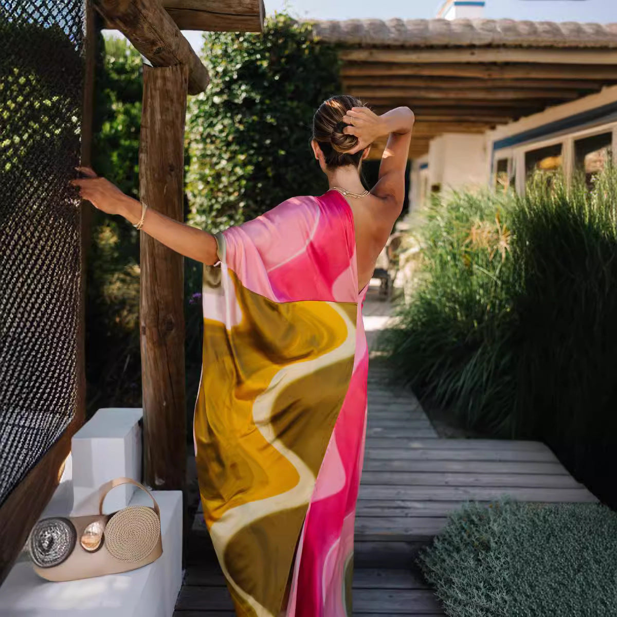 Sloping Shoulder Backless Printed Loose Dress