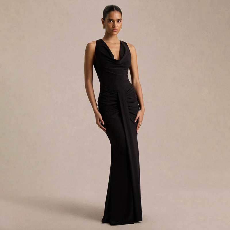 V-neck Figure-hugging Pleated Evening Gown